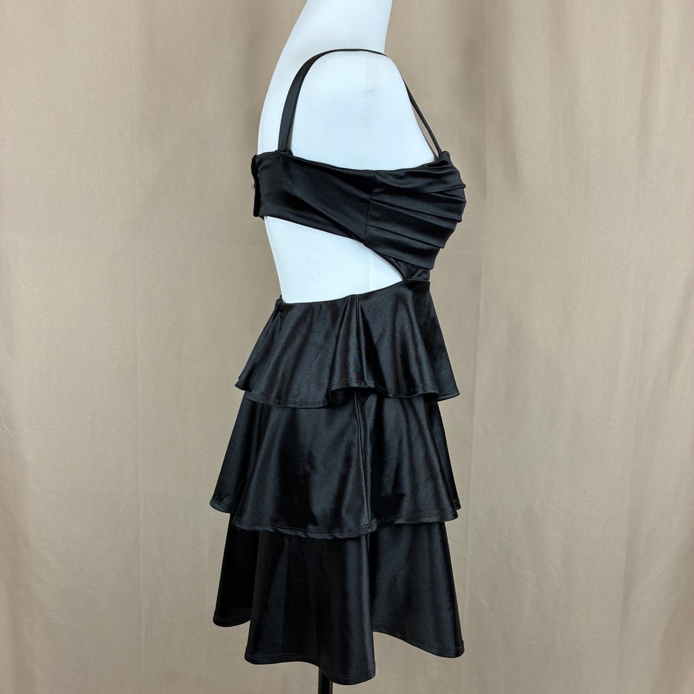 Honey and Rosie Tiered Dress M Satin Black Ruffle Cocktail Party Goth Glam - Picture 7 of 14
